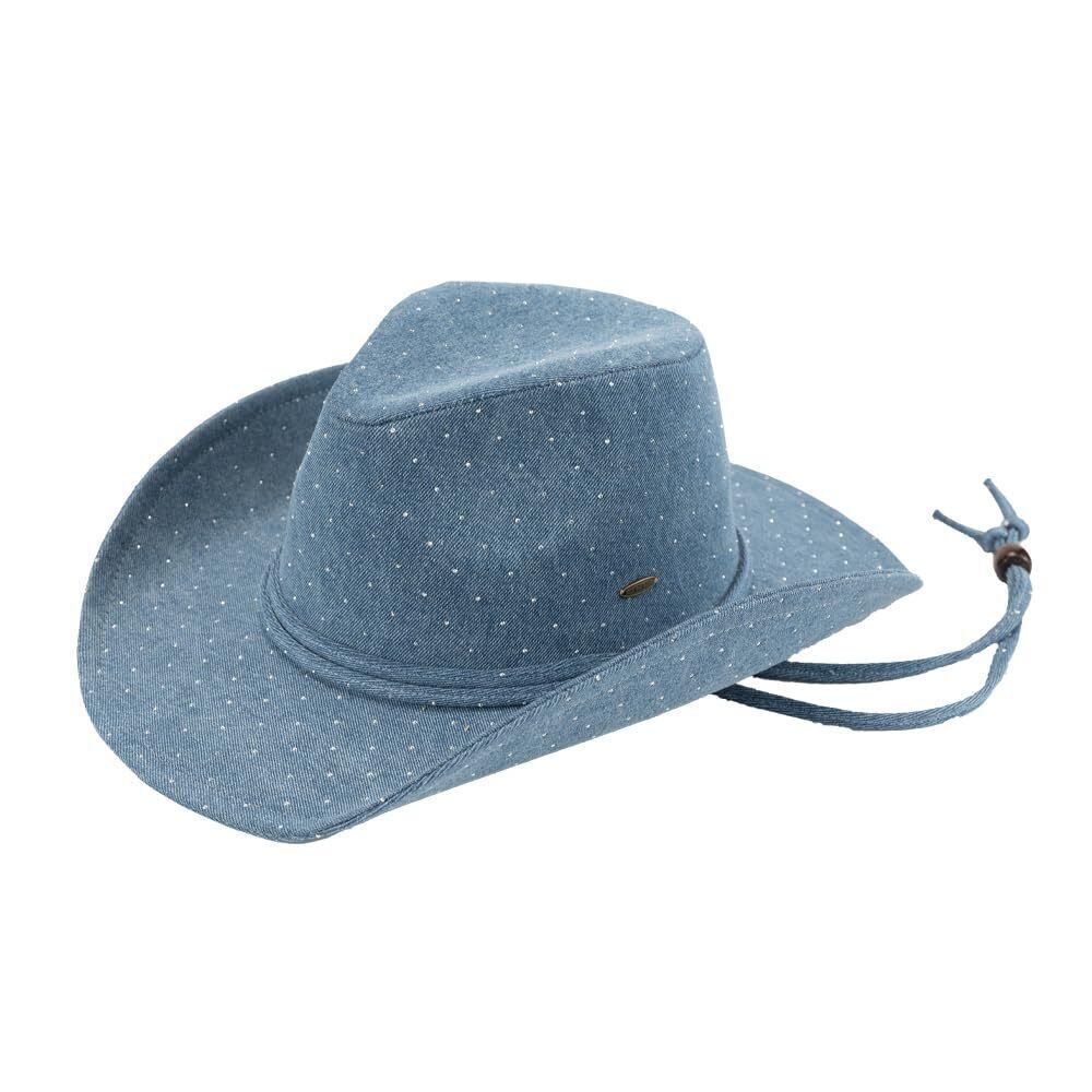 7531 All Over Rhinestone Denim Cowboy Hat With Chinstraps For Women (us,